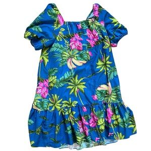 Hilo Hattie Blue Floral Hawaiian Midi Dress Short Sleeves Vintage 80s size Large